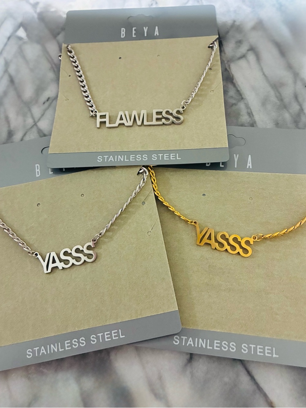 Y2K “FLAWLESS" & "YASSS" Stainless Steel Nameplate Necklace - Silver & Gold